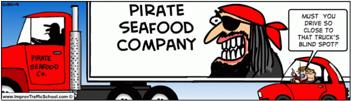 Comical image of a truck that says "pirate seafood company" on the side.