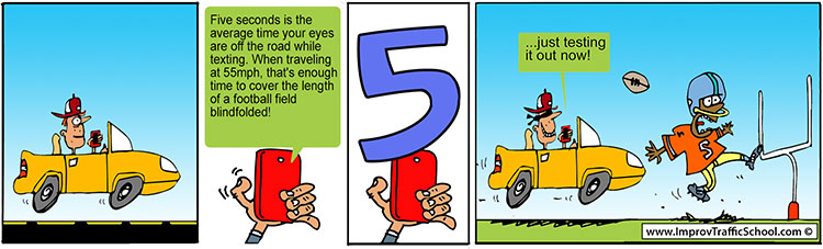 A comic of a man driving off the road because he was not paying attention