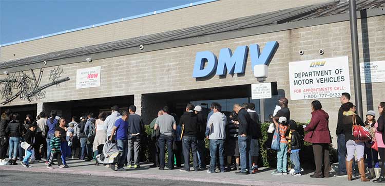 A long line outside of a DMV.