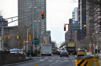 Jersey City, NJ, USA - Modern buildings and city crossroad at morning in Newport, Jersey City, United States