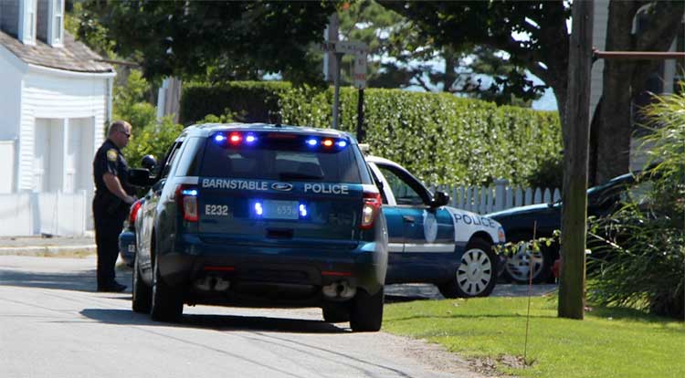 Police officer standing next to this cruiser and another police vehicle.