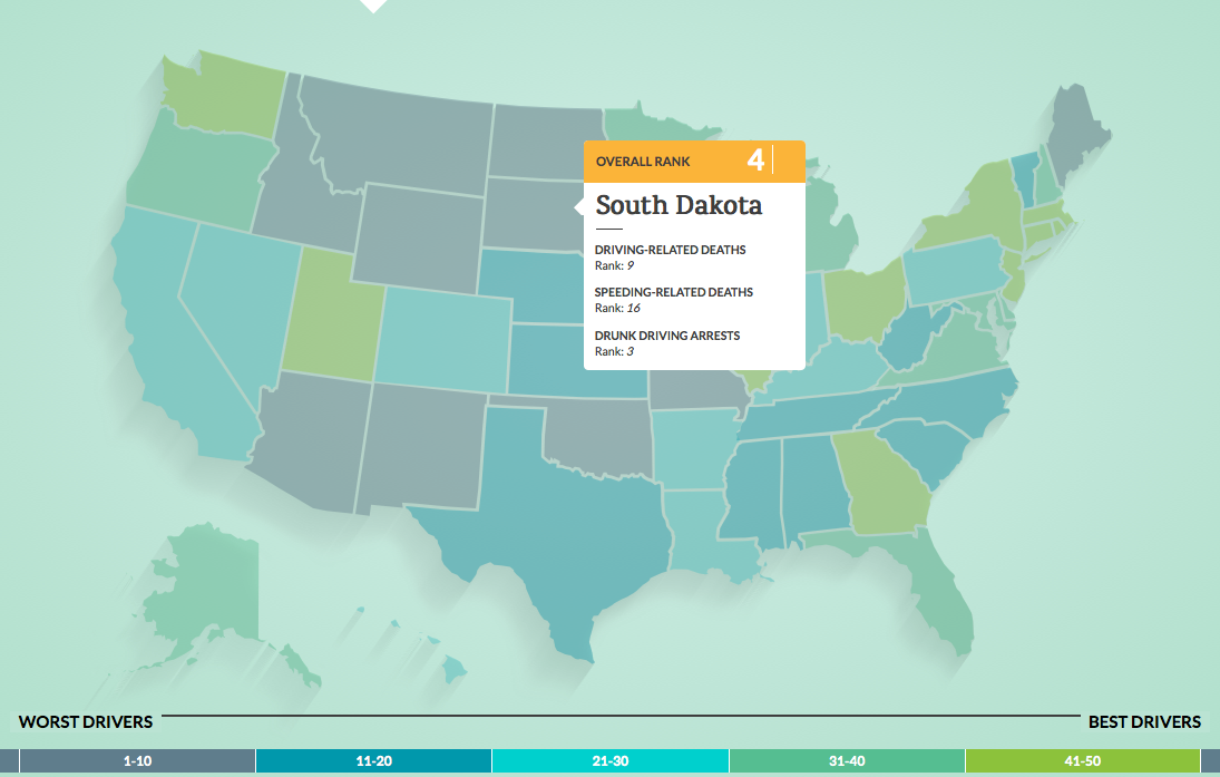 A map of the United States that shows South Dakota ranked as number four for states with the worst drivers.