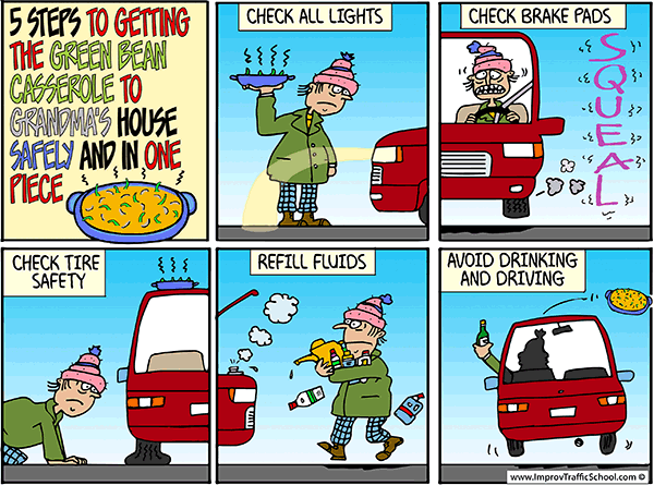 Comic of a guy on Thanksgiving trying to transport a green bean casserole to his Grandma's house.